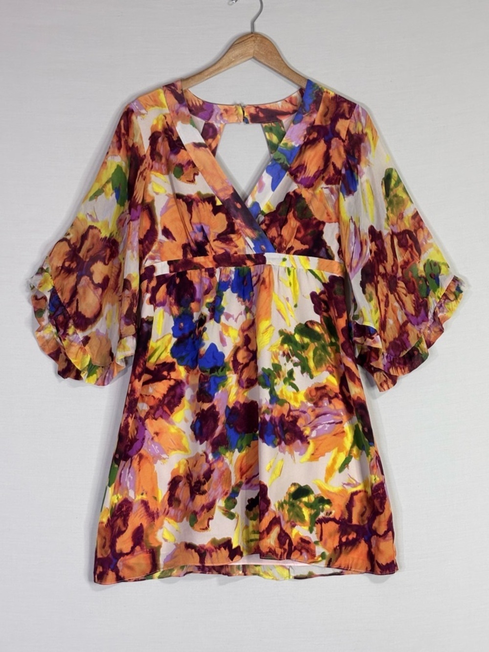 Maeve Silk Floral Dress Keyhole Back Ruffle Sleeve Anthropologie Sz 8